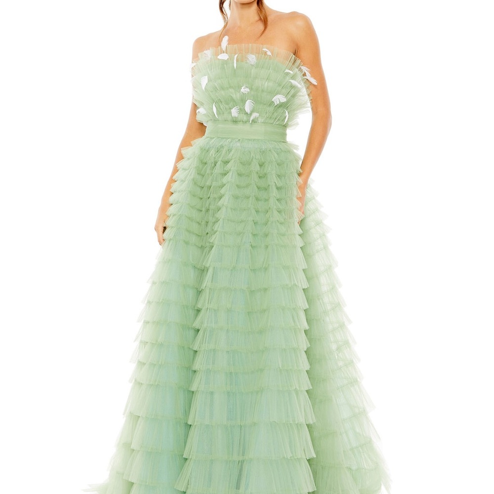 Mac Duggal 20530 Elegant Strapless Mint Green Tiered Gown